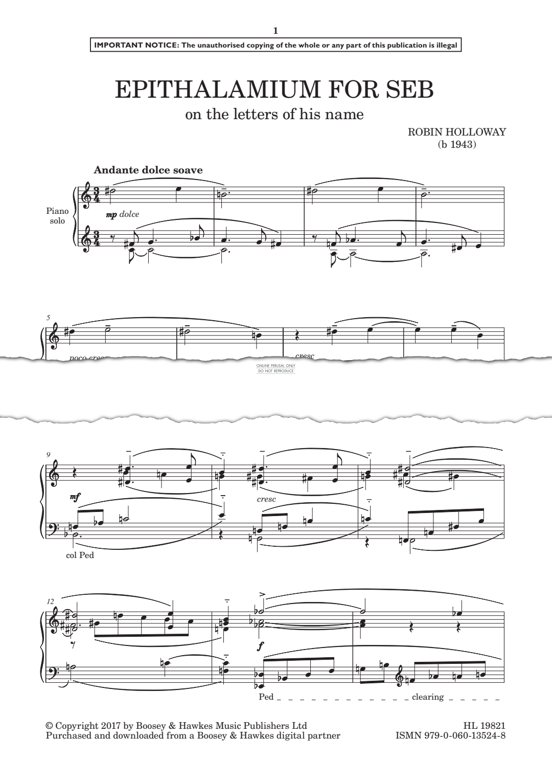 Produktgalerie: Seite 1 von 1 Epithalamium for Seb, Robin Holloway, Klavier