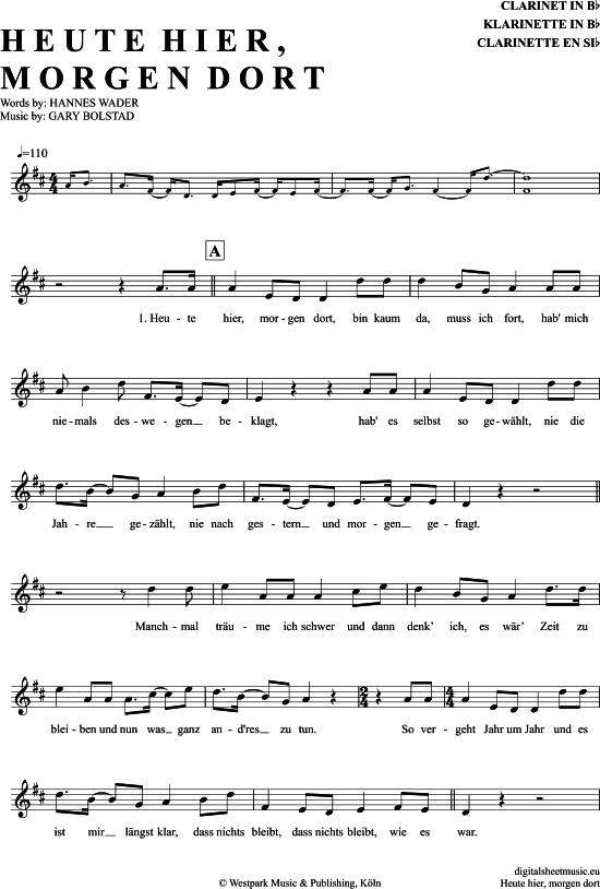 Product gallery: Page 1 of 4 Heute Hier, Morgen Dort , Wader, Hannes, Clarinet in B-flat