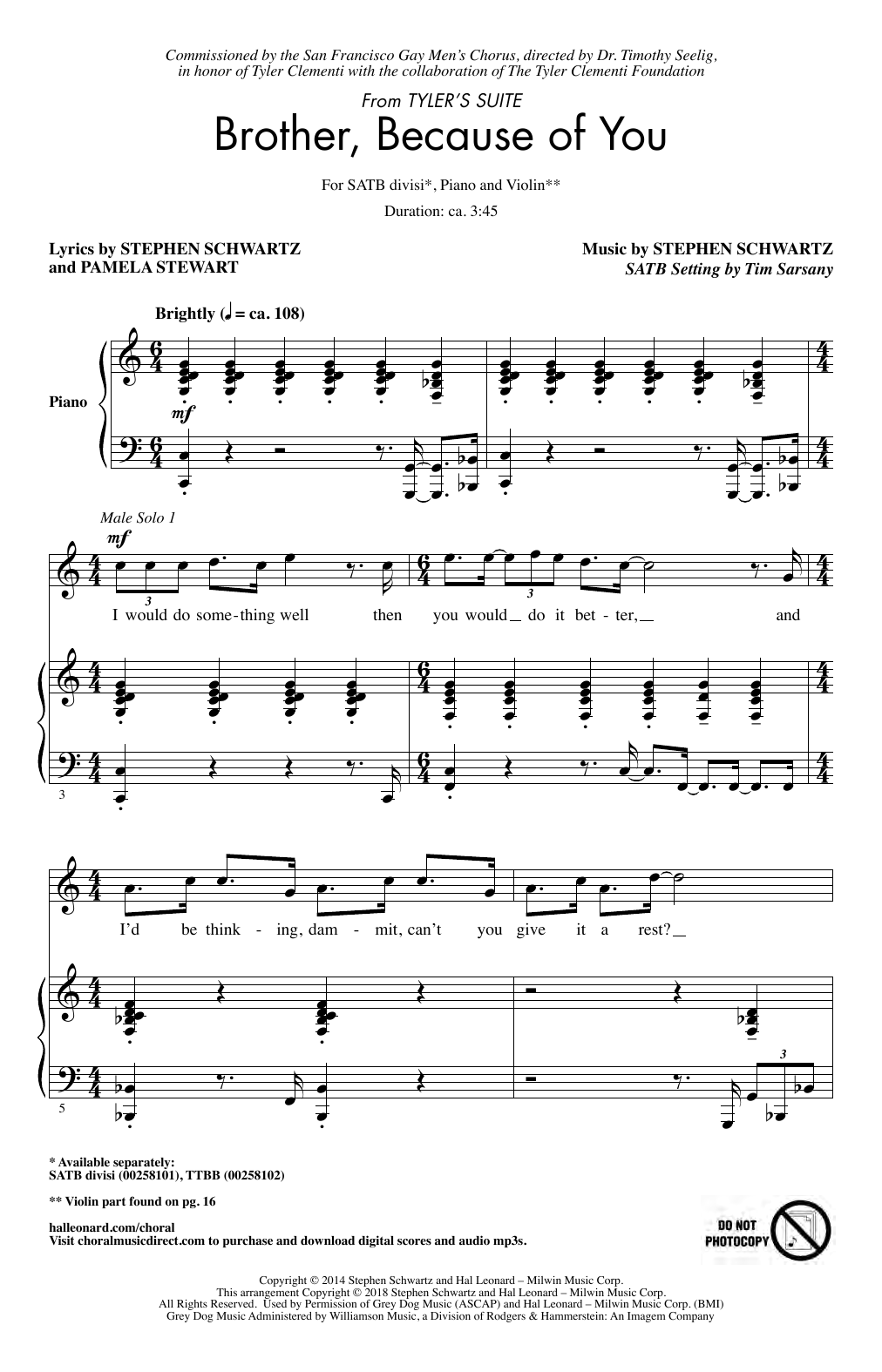 Produktbild zu: Brother, Because Of You (from Tyler's Suite) (arr. Tim Sarsony)