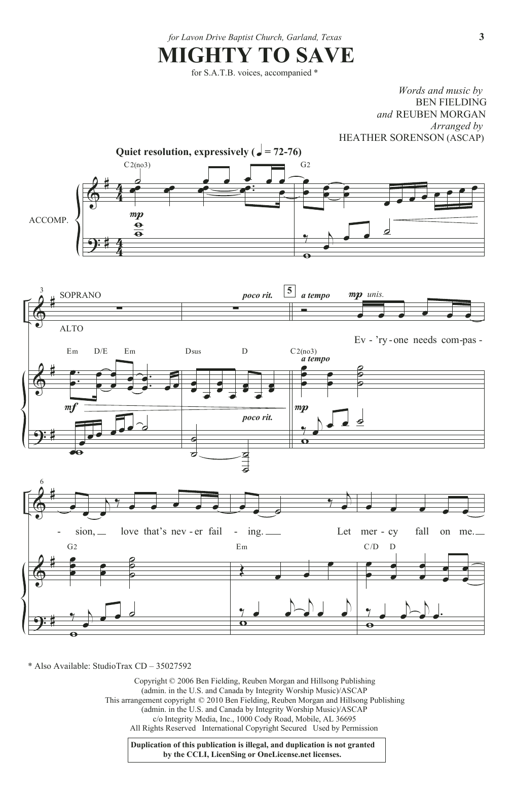 Produktgalerie: Seite 1 von 1 Mighty To Save (arr. Heather Sorenson), Ben Fielding & Reuben Morgan, Chor