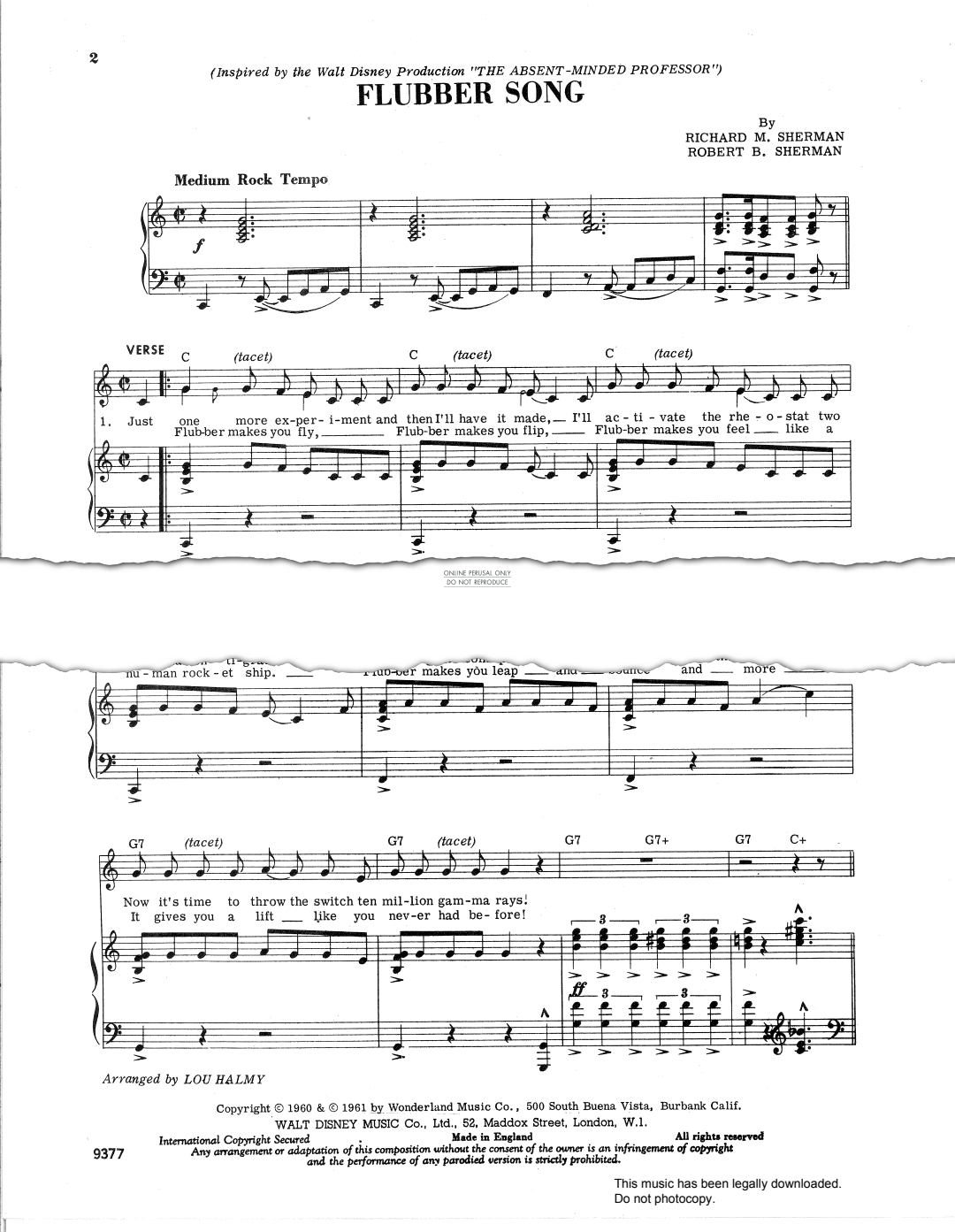 Product gallery: Page 1 of 1 Flubber Song (from 'The Absent Minded Professor'), Richard M. Sherman