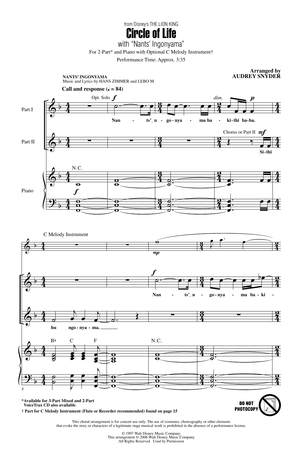 Product gallery: Page 1 of 1 Circle Of Life (with Nants' Ingonyama) (from The Lion King) (Arr. Audrey Snyder), Elton John
