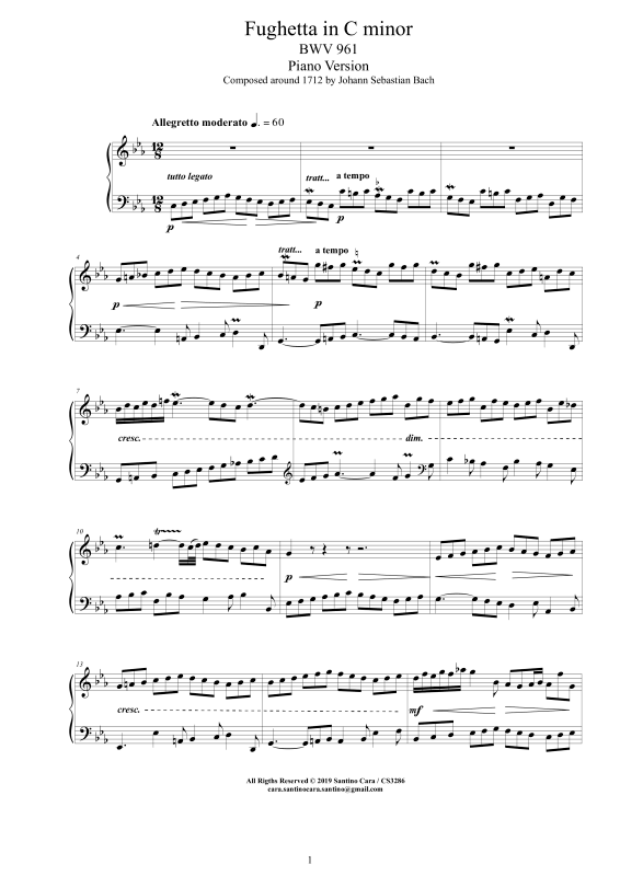 Produktbild zu: Fughetta in C-Moll BWV 961 - Piano VersionJohann Sebastian Bach