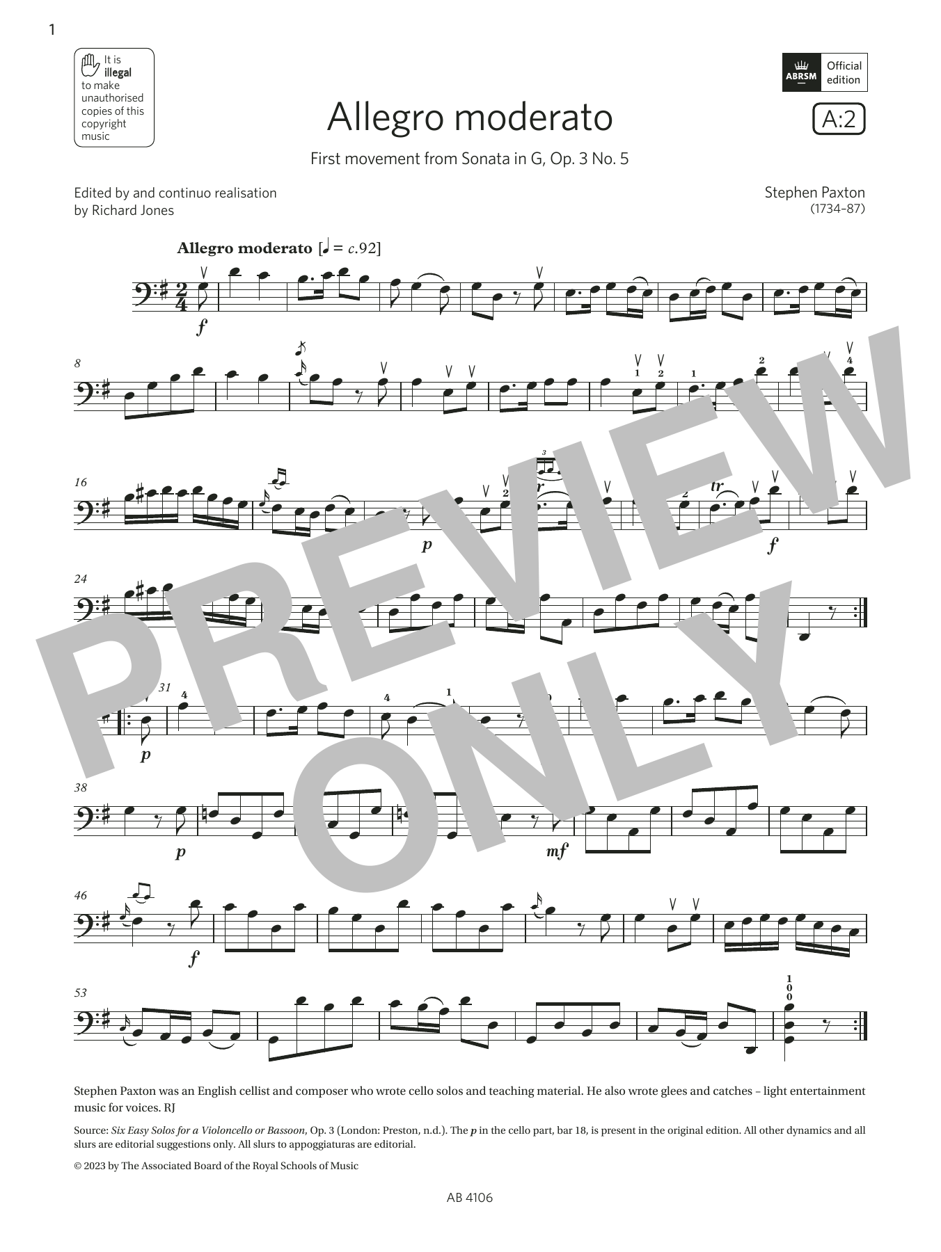 Produktbild zu:  Allegro moderato (Grade 3, A2, from the ABRSM Cello Syllabus from 2024) - Stephen Paxton