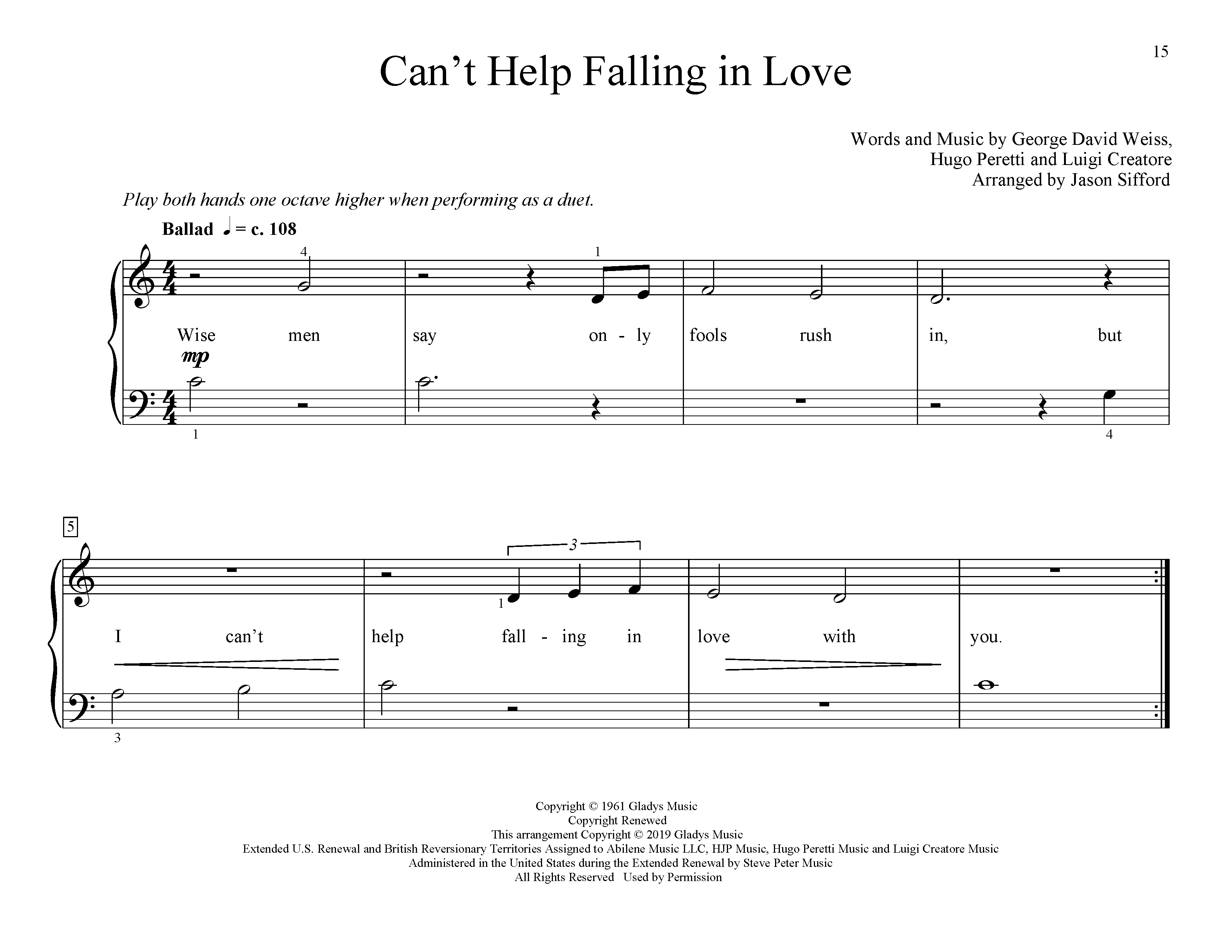 Produktgalerie: Seite 1 von 1 Can't Help Falling In Love (arr. Jason Sifford), Elvis Presley, Klavier