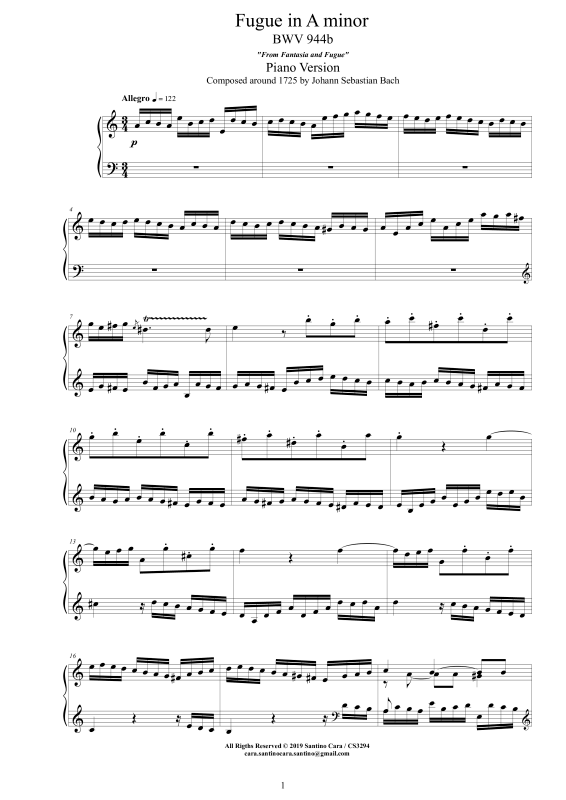 Produktbild zu: Fuge in A-Moll BWV 944b - Piano VersionJohann Sebastian Bach