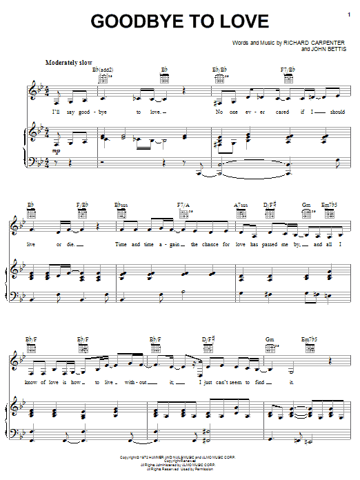 Produktgalerie: Seite 1 von 1 Goodbye To Love, Carpenters, Gesang, Gitarre, Klavier