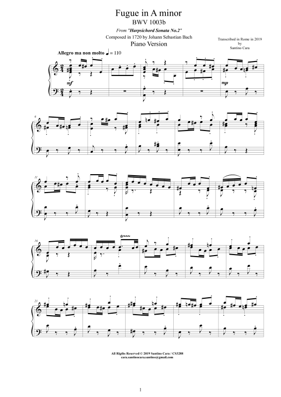 Produktbild zu: Fuge in A-Moll BWV 1003b - Piano VersionJohann Sebastian Bach