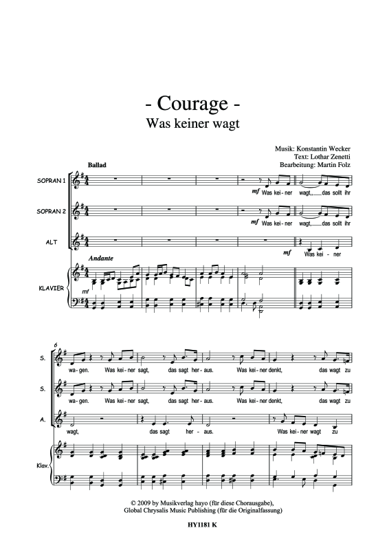 Product gallery: Page 1 of 7 Was keiner wagt - Courage, , (female choir SSA and piano - piano score)