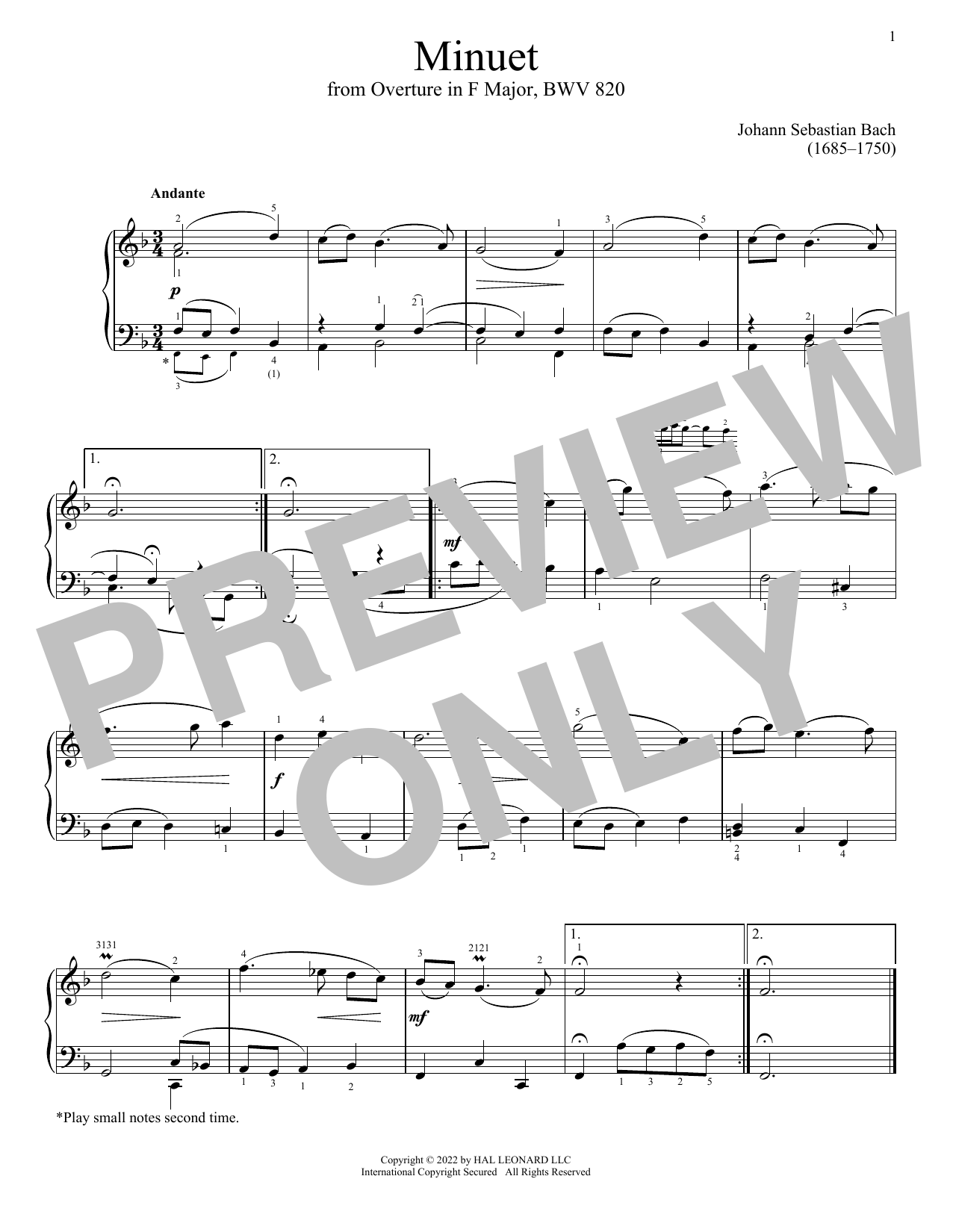 Produktgalerie: Seite 1 von 1 Minuet In F Major, BWV 820, Johann Sebastian Bach, Klavier