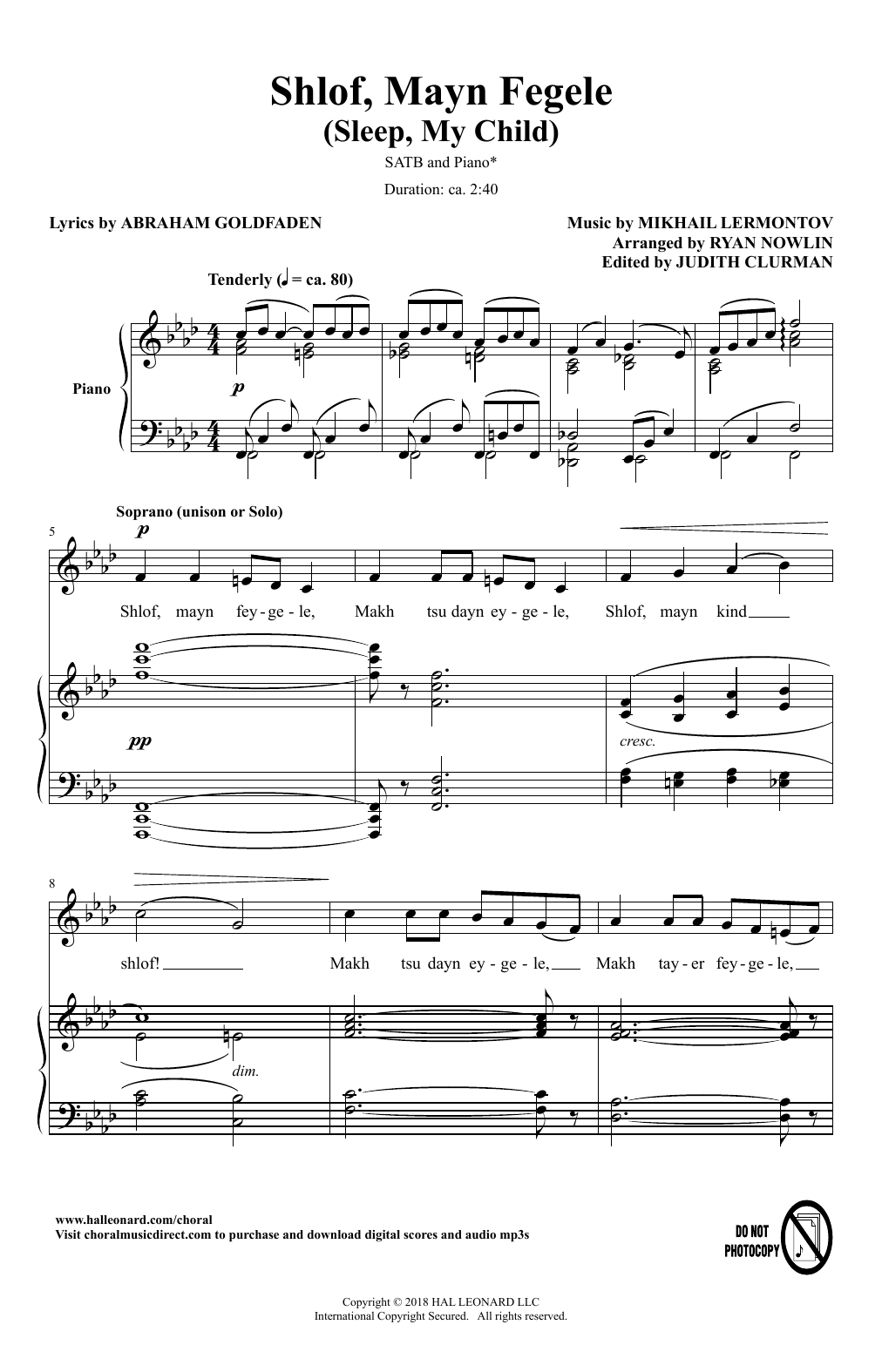 Product picture to: Shlof, Mayn Fegele (A Lullaby) (arr. Ryan Nowlin)