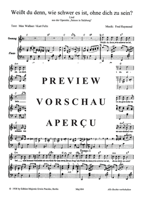 Produktgalerie: Seite 3 von 3 Weißt du denn, wie schwer es ist, ohne dich zu sein, , Klavier und Gesang