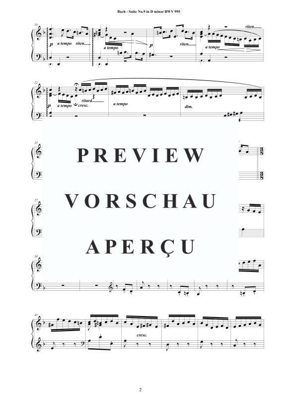 Produktgalerie: Seite 3 von 11 Suite No.9 in D-Moll BWV 995 - Complete Piano Version, , Klavier Solo
