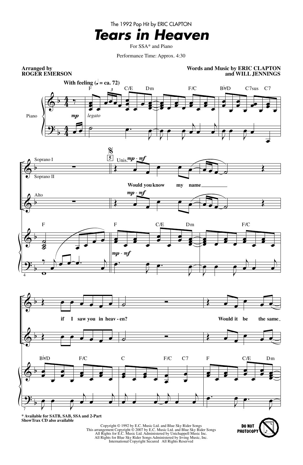 Produktgalerie: Seite 1 von 1 Tears In Heaven (arr. Roger Emerson), Eric Clapton, Chor