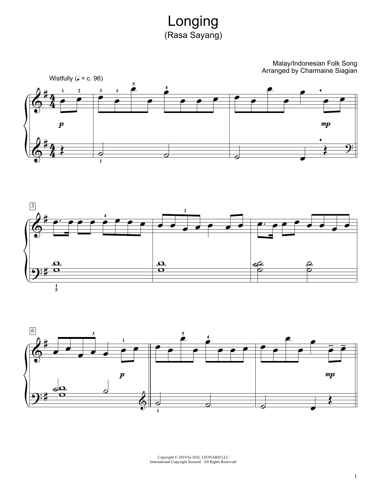 Product picture to: Longing (Rasa Sayang) (arr. Charmaine Siagian)