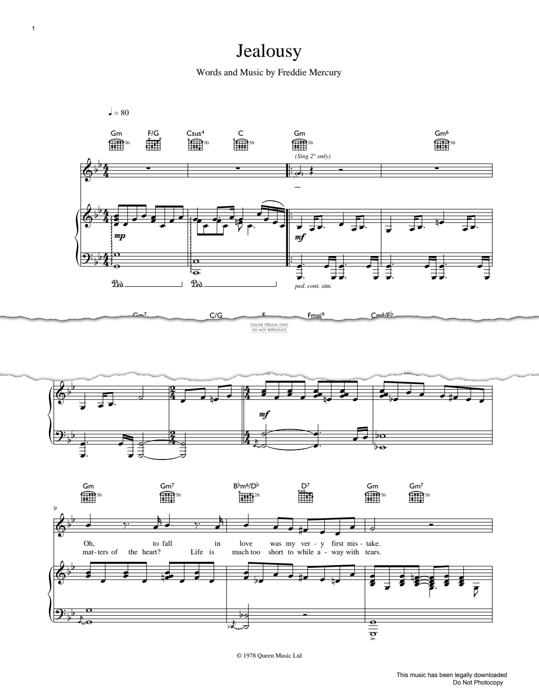 Jealousy (Queen) | Sheet Music: Guitar, Piano, Voice | PDF Download