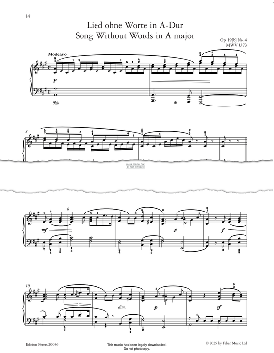 Produktgalerie: Seite 1 von 1 Song Without Words in A Major Op.19(b), No.4, Felix Mendelssohn, Klavier
