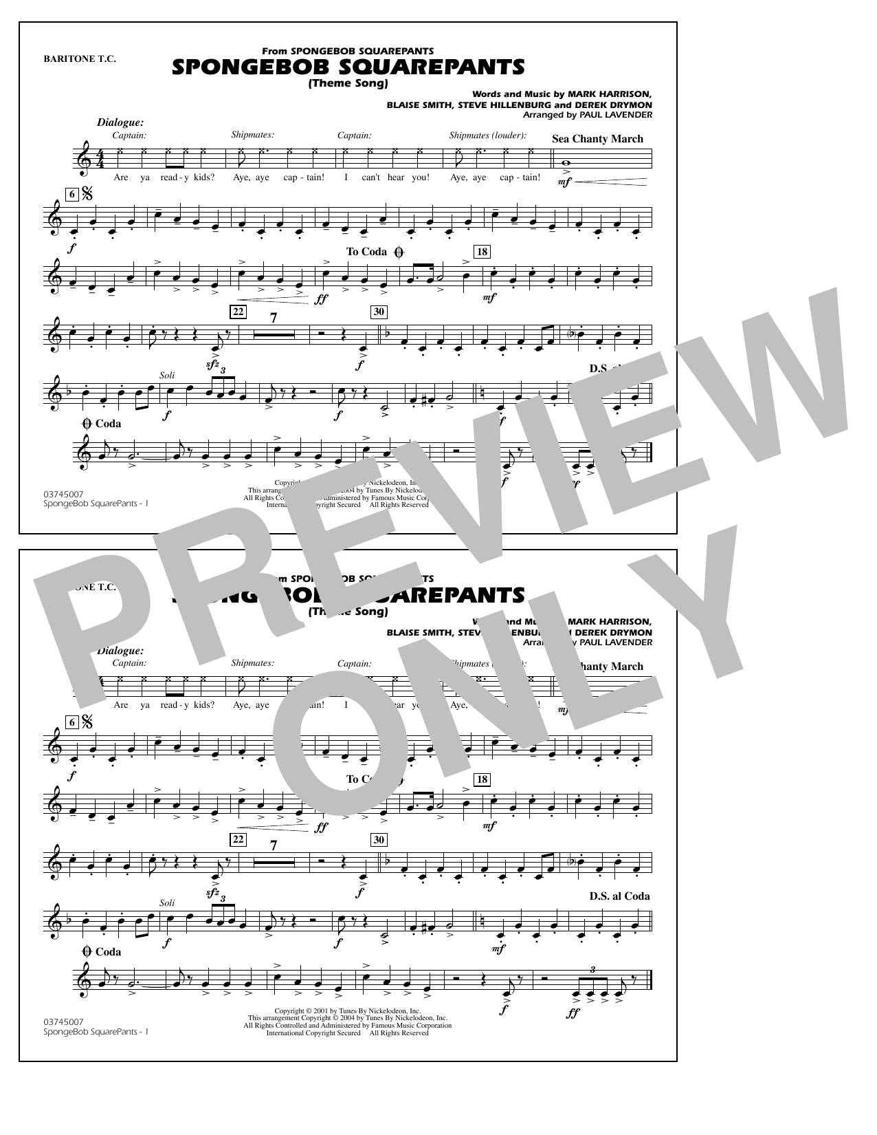 Produktbild zu: Spongebob Squarepants (Theme Song) (arr. Paul Lavender) - Baritone T.C.