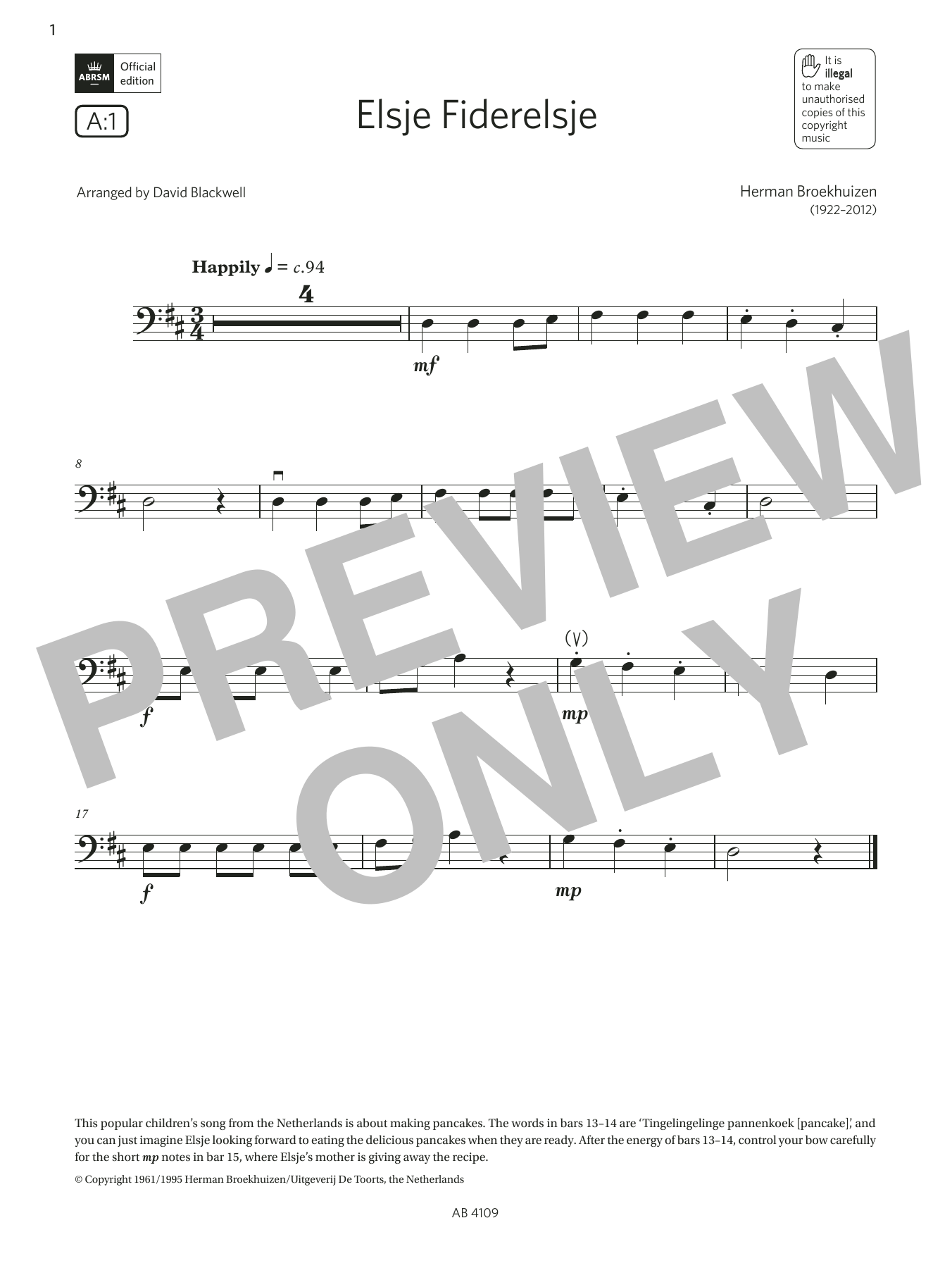 Produktgalerie: Seite 1 von 1 Elsje Fiderelsje (Grade Initial, A1, from the ABRSM Double Bass Syllabus from 2024), Herman Broekhuizen, Kontrabass