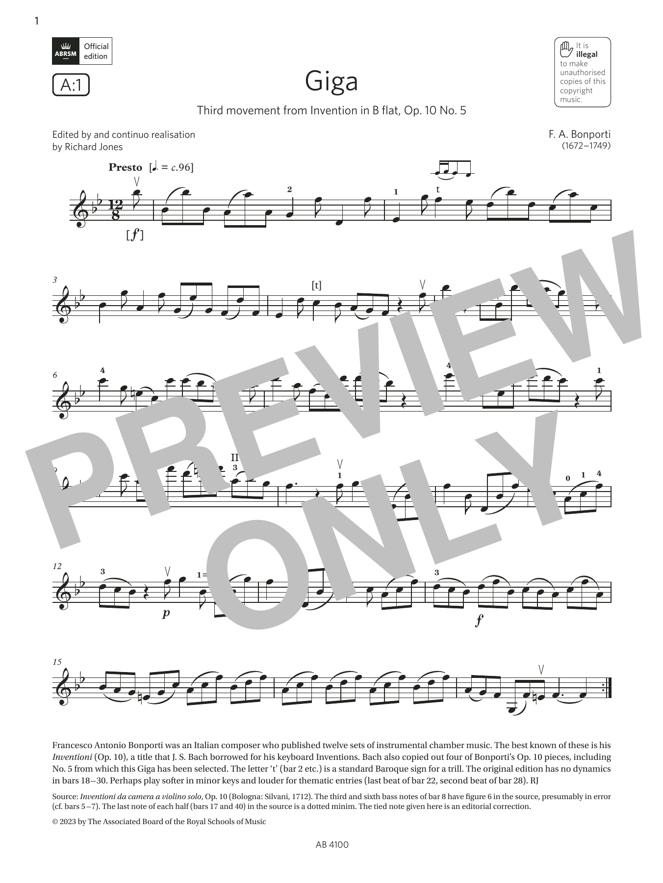 Product gallery: Page 1 of 1 Giga (Grade 6, A1, from the ABRSM Violin Syllabus from 2024), F. A. Bonporti
