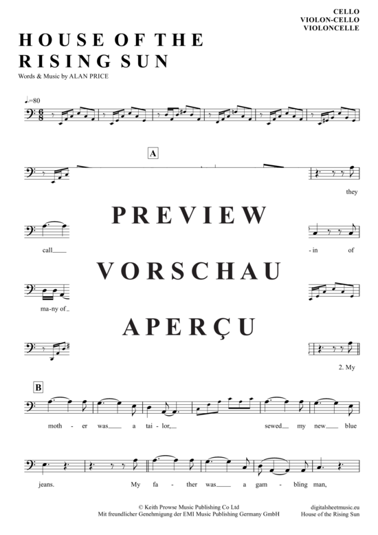 Produktgalerie: Seite 2 von 5 The House Of The Rising Sun , Animals, The, (Violon-Cello)