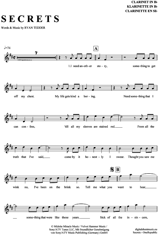 Product gallery: Page 1 of 4 Secrets , OneRepublic, Clarinet in B-flat
