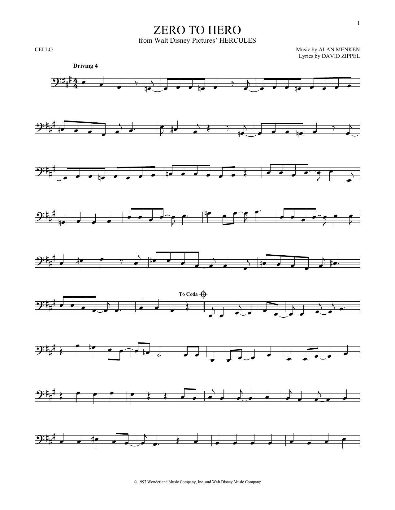 Produktgalerie: Seite 1 von 1 Zero To Hero (from Hercules), Alan Menken & David Zippel, Violoncello
