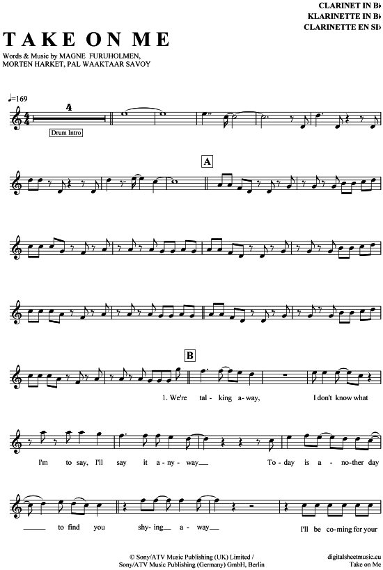 Product gallery: Page 1 of 4 Take on me , A-ha, Clarinet in B-flat