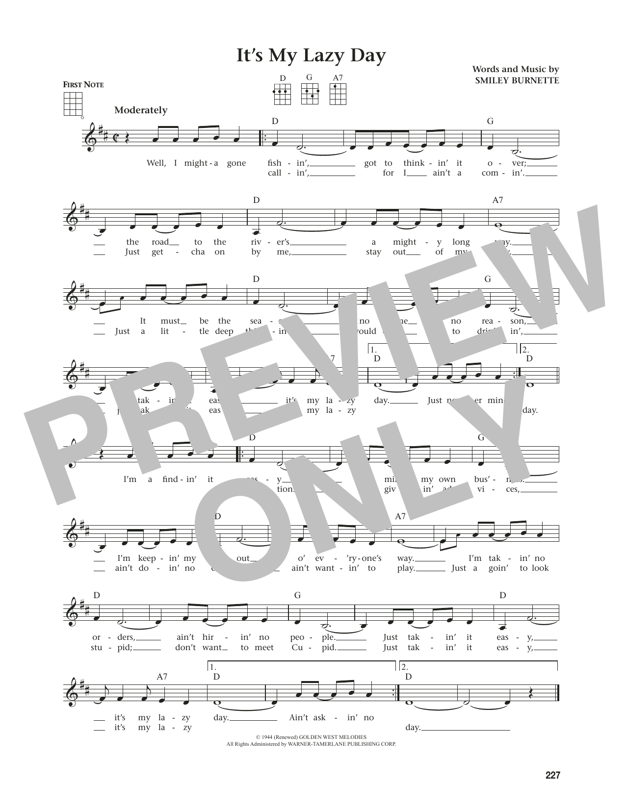 Produktgalerie: Seite 1 von 1 It's My Lazy Day (from The Daily Ukulele) (arr. Jim Beloff), Smiley Burnette, Ukulele