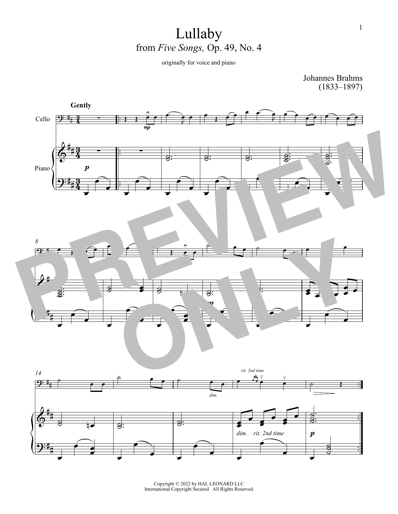 Produktgalerie: Seite 1 von 1 Lullaby, Johannes Brahms, Klavier, Violoncello