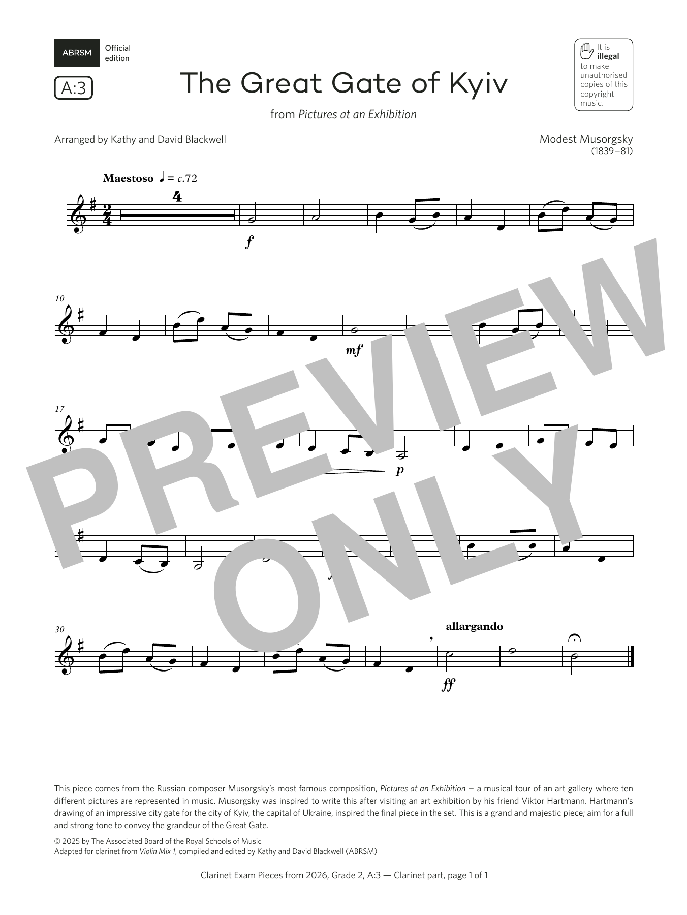 Product gallery: Page 1 of 1 The Great Gate of Kyiv (Grade 2, list A3, from the ABRSM Clarinet Syllabus from 2026), Modest Petrovich Musorgsky