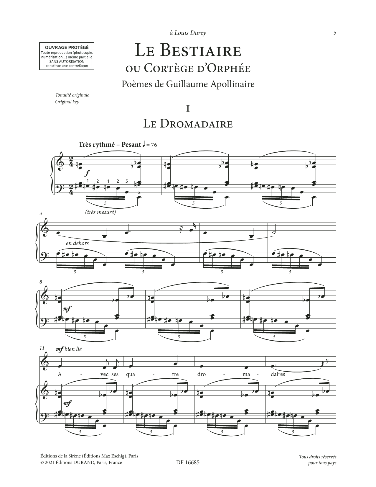 Product picture to: Le Bestiaire ou le Cortège d'Orphée (Low Voice)