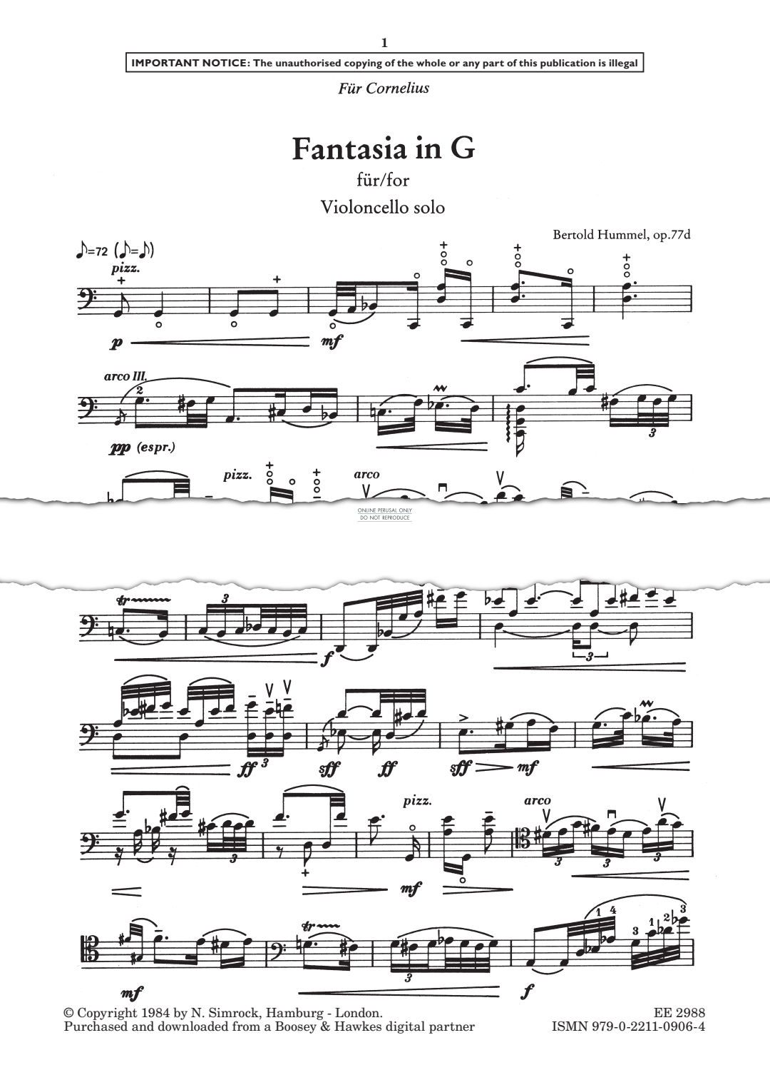 Produktgalerie: Seite 1 von 1 Fantasia in G, Op. 77d, Bertold Hummel, Violoncello
