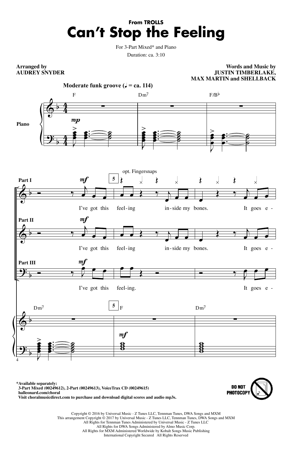 Product picture to: Can't Stop The Feeling (from Trolls) (arr. Audrey Snyder)