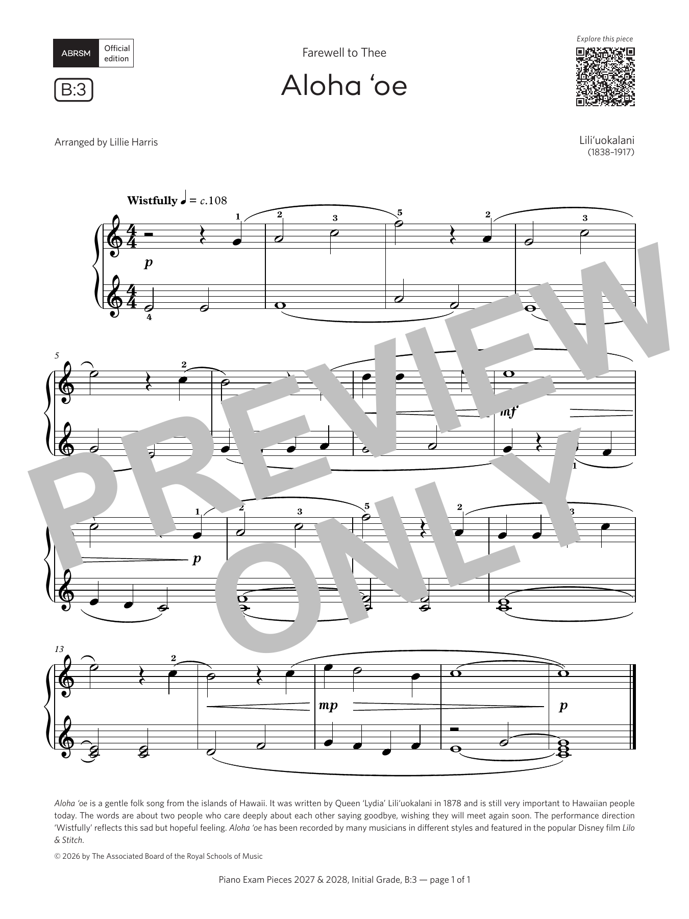 Produktgalerie: Seite 1 von 1 Aloha 'oe (Grade Initial, list B3, from the ABRSM Piano Syllabus 2027 & 2028), Queen Lili'uokalani, Klavier