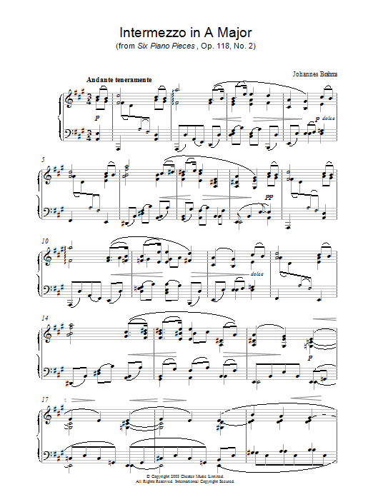 Product gallery: Page 1 of 1 Intermezzo in A Major (from Six Piano Pieces, Op. 118, No. 2), Johannes Brahms