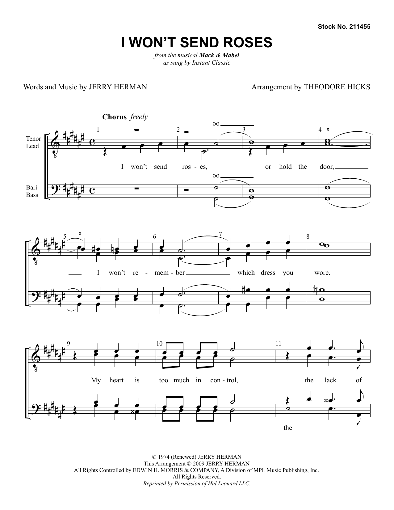 Product picture to: I Won't Send Roses (from Mack & Mabel) (arr. Theodore Hicks)