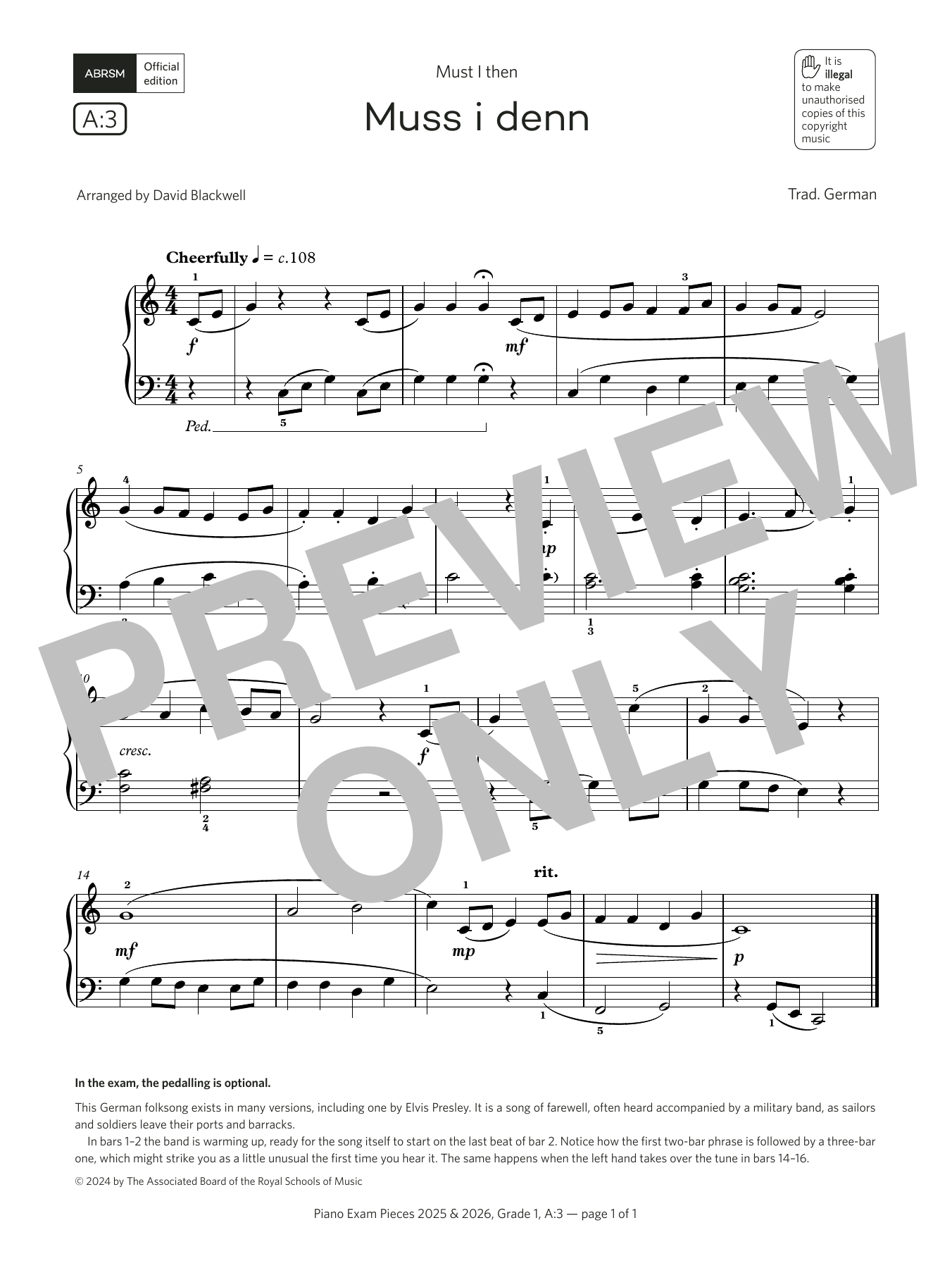 Product gallery: Page 1 of 1 Muss i denn (Grade 1, list A3, from the ABRSM Piano Syllabus 2025 & 2026), David Blackwell