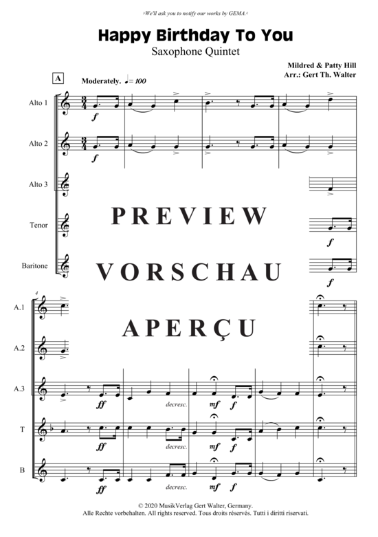 Produktgalerie: Seite 2 von 4 Happy Birthday To You , , (Saxophon Quintett AAATB)
