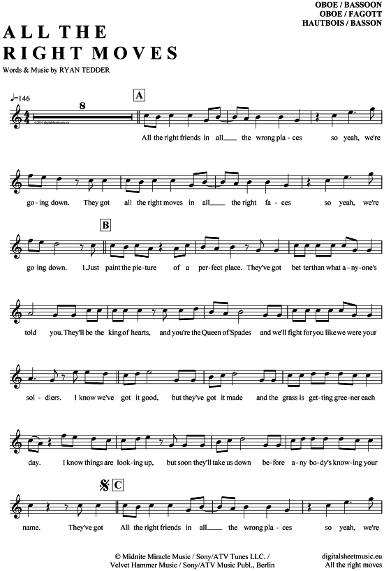 Produktgalerie: Seite 1 von 4 All the right moves , OneRepublic, (Oboe / Fagott)