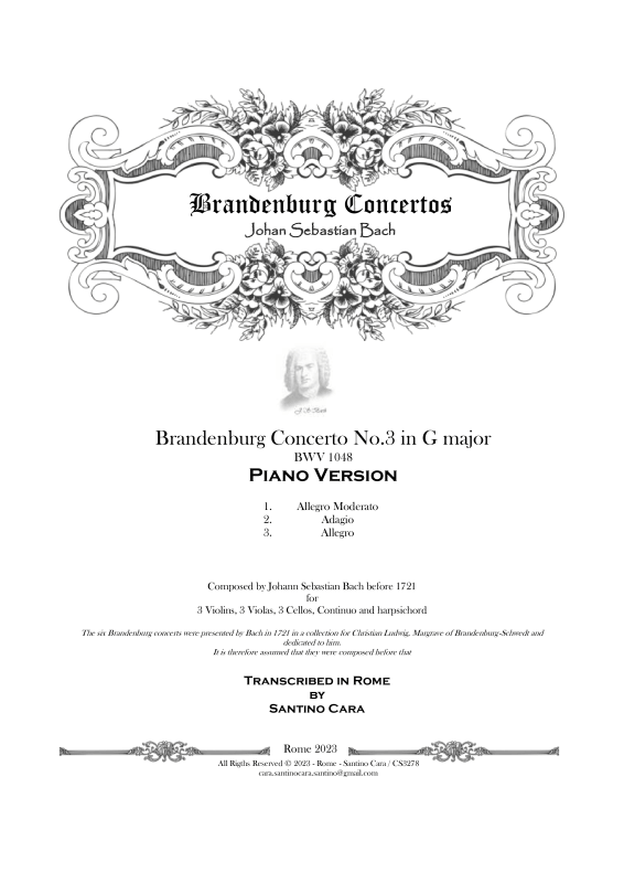 cover: Brandenburg Concerto No. 3 in G major BWV 1048, , Solo Piano