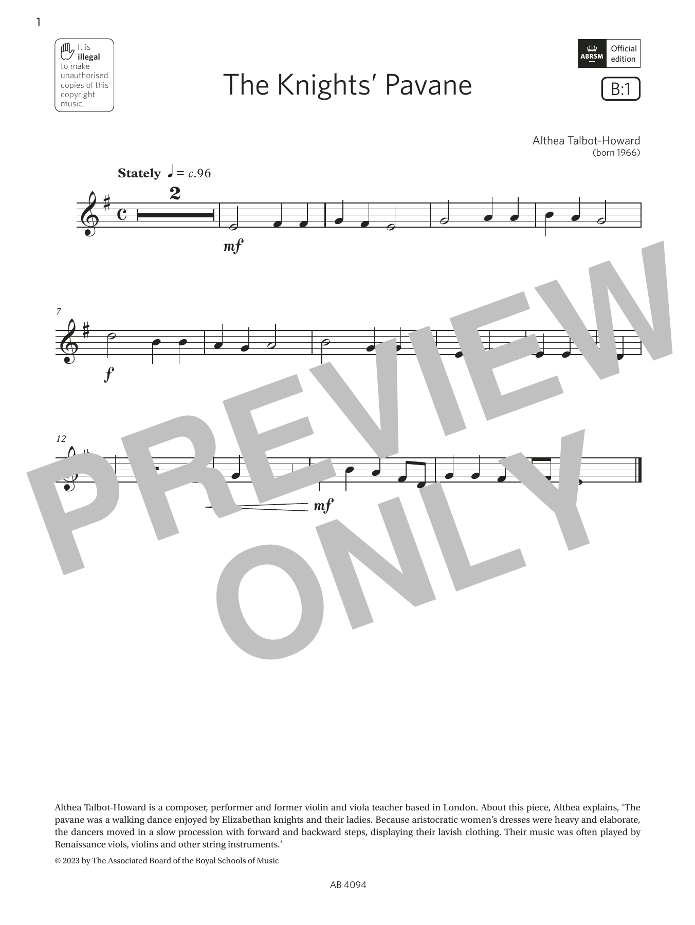 Product gallery: Page 1 of 1 The Knights' Pavane (Grade Initial, B1, from the ABRSM Violin Syllabus from 2024), Althea Talbot-Howard