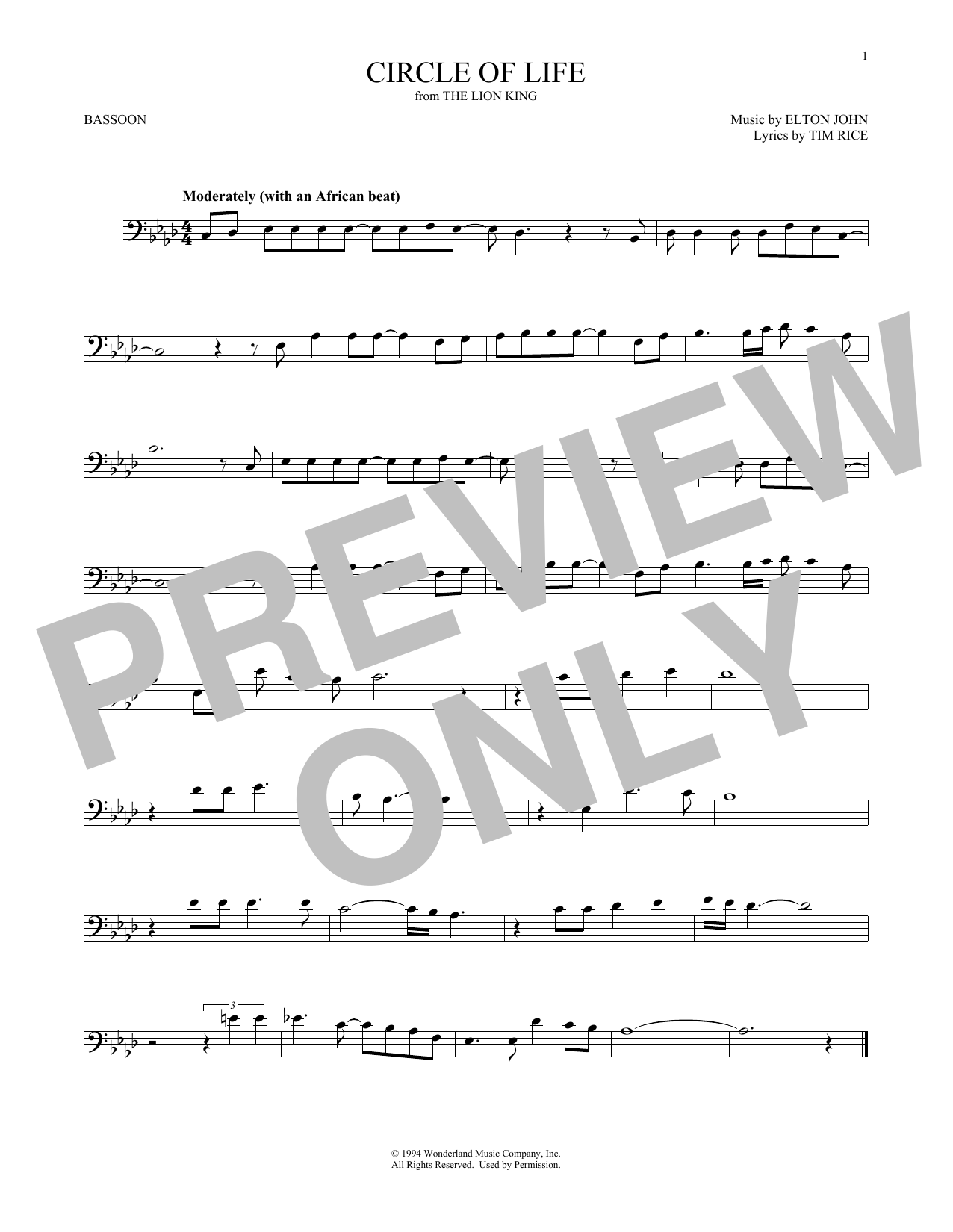 Produktgalerie: Seite 1 von 1 Circle Of Life (from The Lion King), Elton John, Fagott