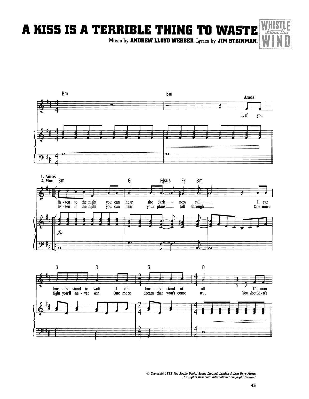 Produktgalerie: Seite 1 von 1 A Kiss Is A Terrible Thing To Waste (from Whistle Down The Wind), Andrew Lloyd Webber, Gesang, Klavier
