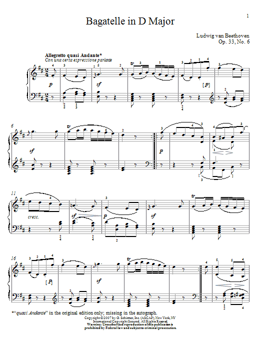 Product gallery: Page 1 of 1 Bagatelle In D Major, Op. 33, No. 6, Ludwig Van Beethoven