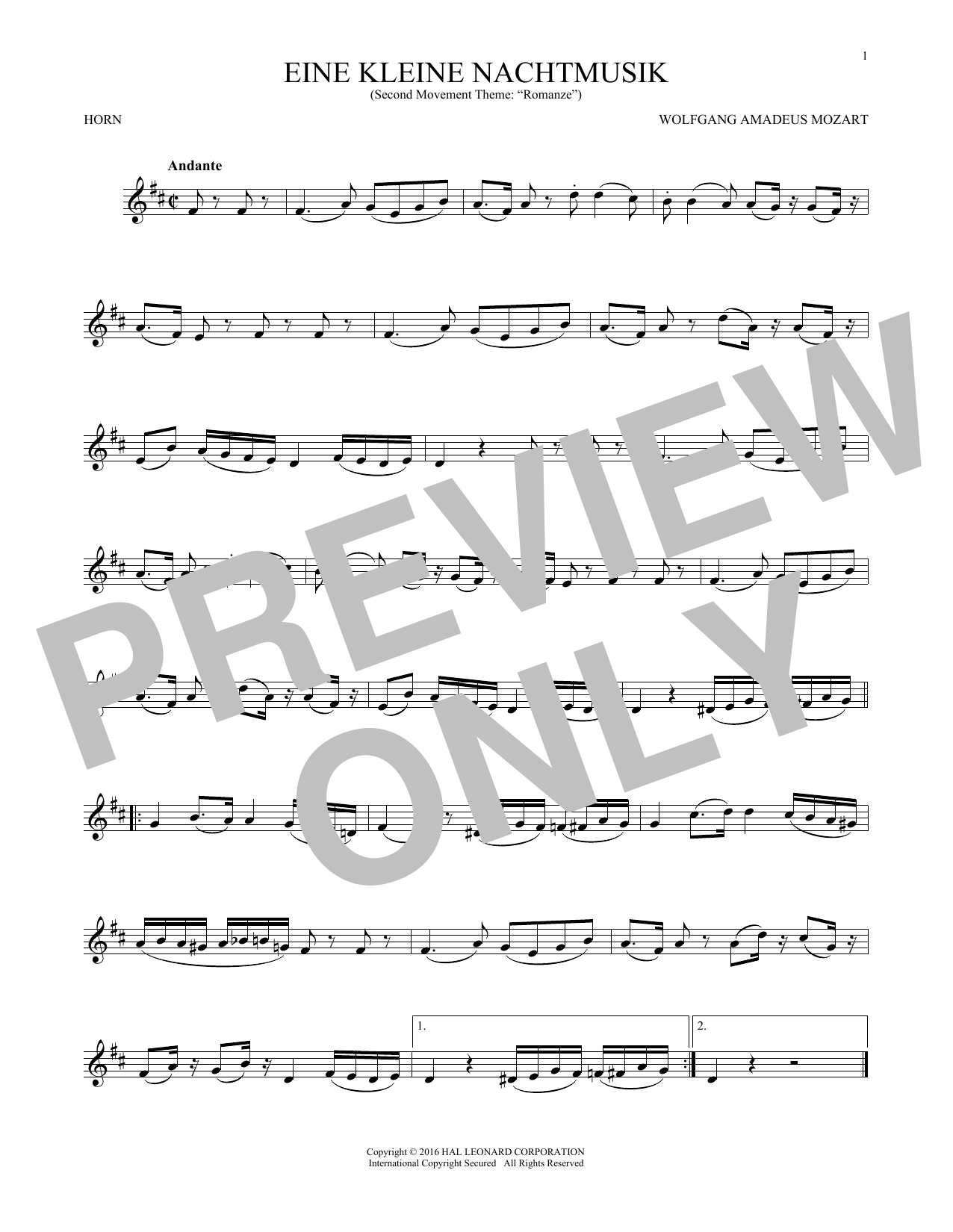 Produktgalerie: Seite 1 von 1 Eine Kleine Nachtmusik ("Romance"), Second Movement, Wolfgang Amadeus Mozart, Horn