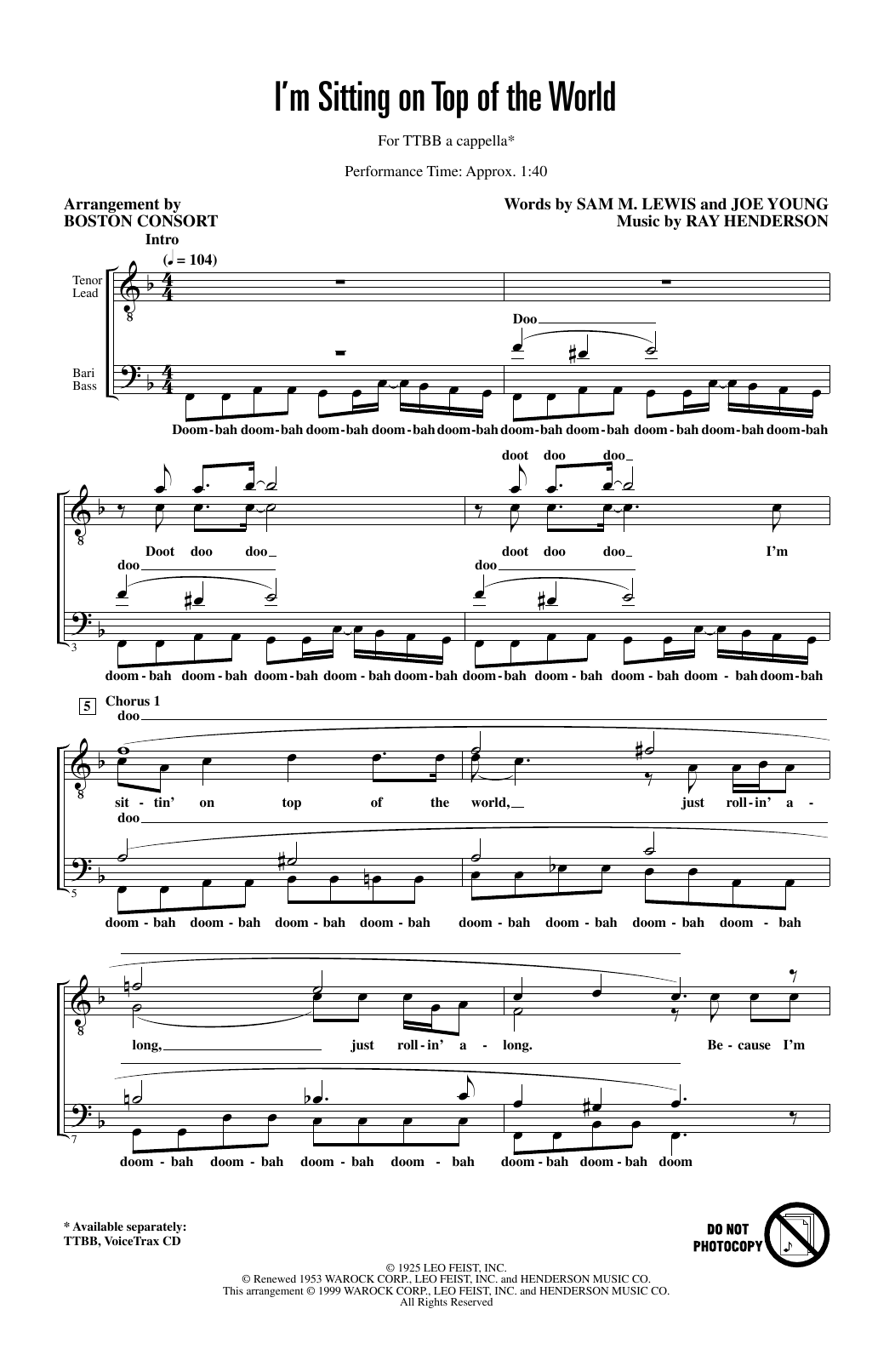 Product picture to: I'm Sitting on Top of the World (arr. Boston Consort)