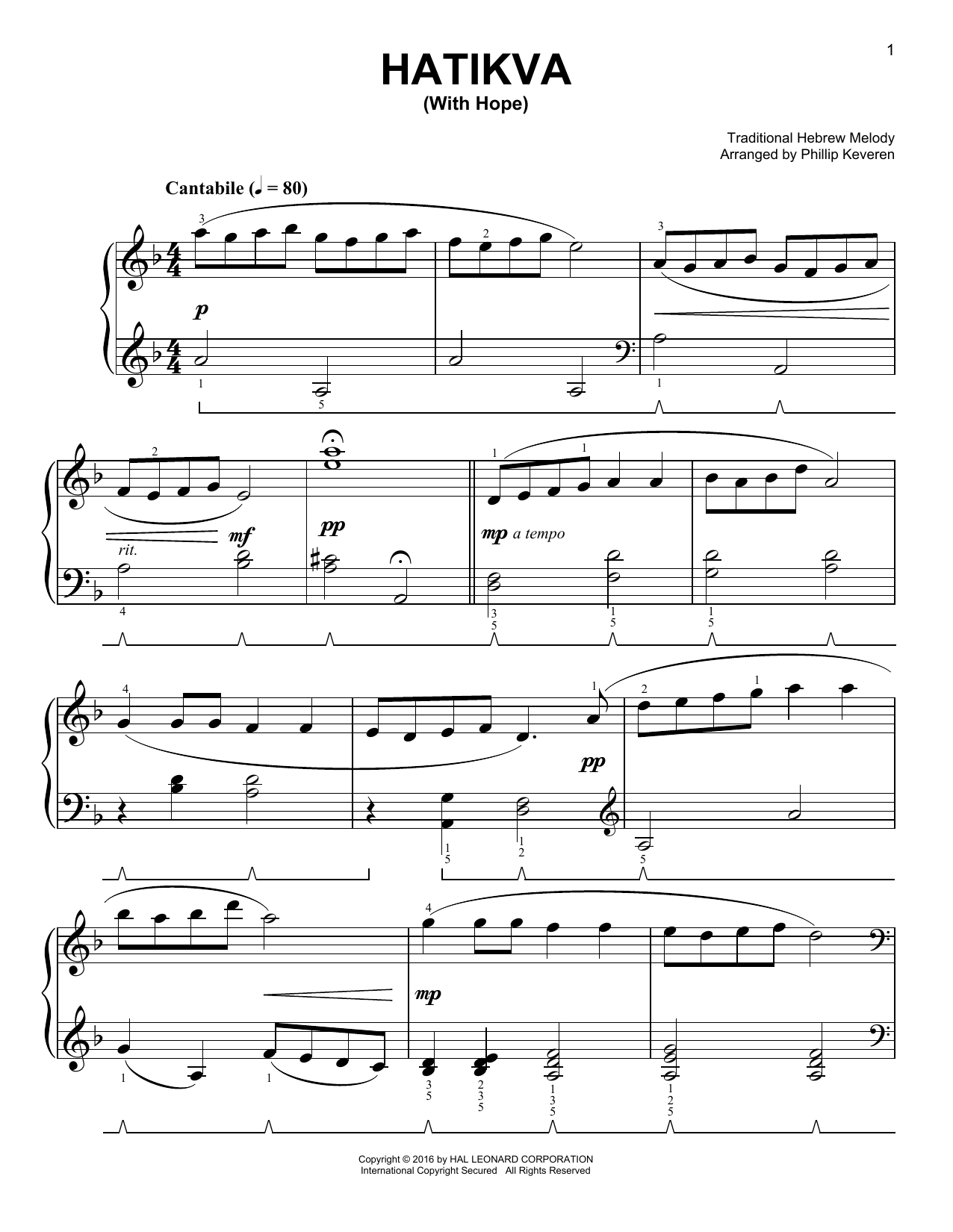 Product gallery: Page 1 of 1 Hatikvah (With Hope) [Classical version] (arr. Phillip Keveren), Traditional Hebrew Melody