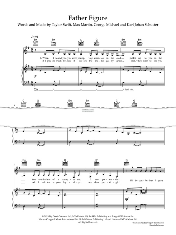 Produktgalerie: Seite 1 von 1 Father Figure, Taylor Swift, Gesang, Gitarre, Klavier