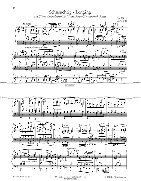 Produktgalerie: Seite 1 von 1 Longing from 'Seven Characteristic Pieces' Op. 7, No. 6, Felix Mendelssohn, Klavier